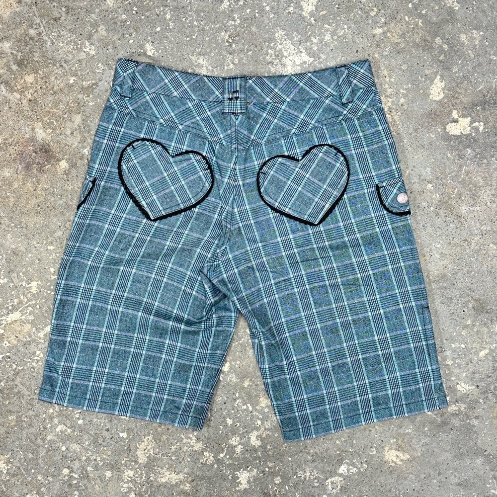 Mezzo Piano Vintage Blue Plaid Heart Pocket Cargo Shorts